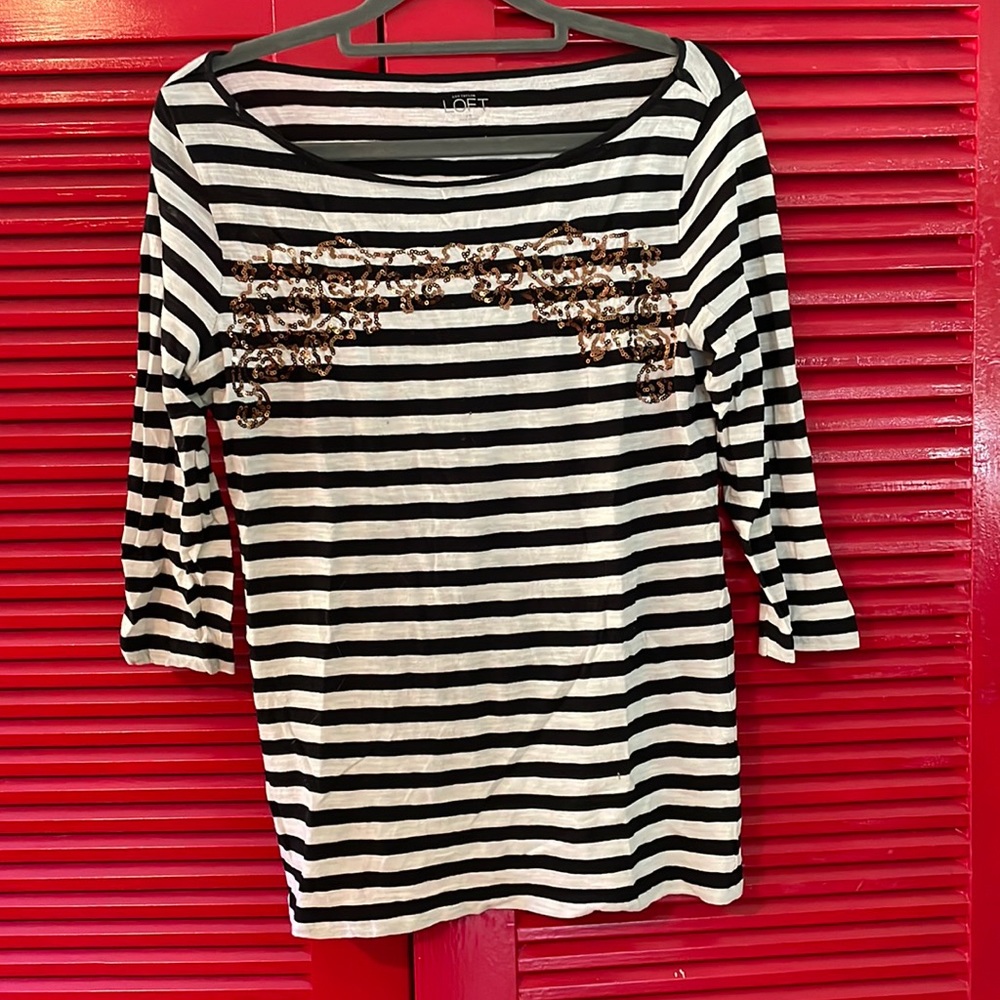 LOFT Striped Sequin Tee 3/4 sleeves stretch black white gold casual S SM small